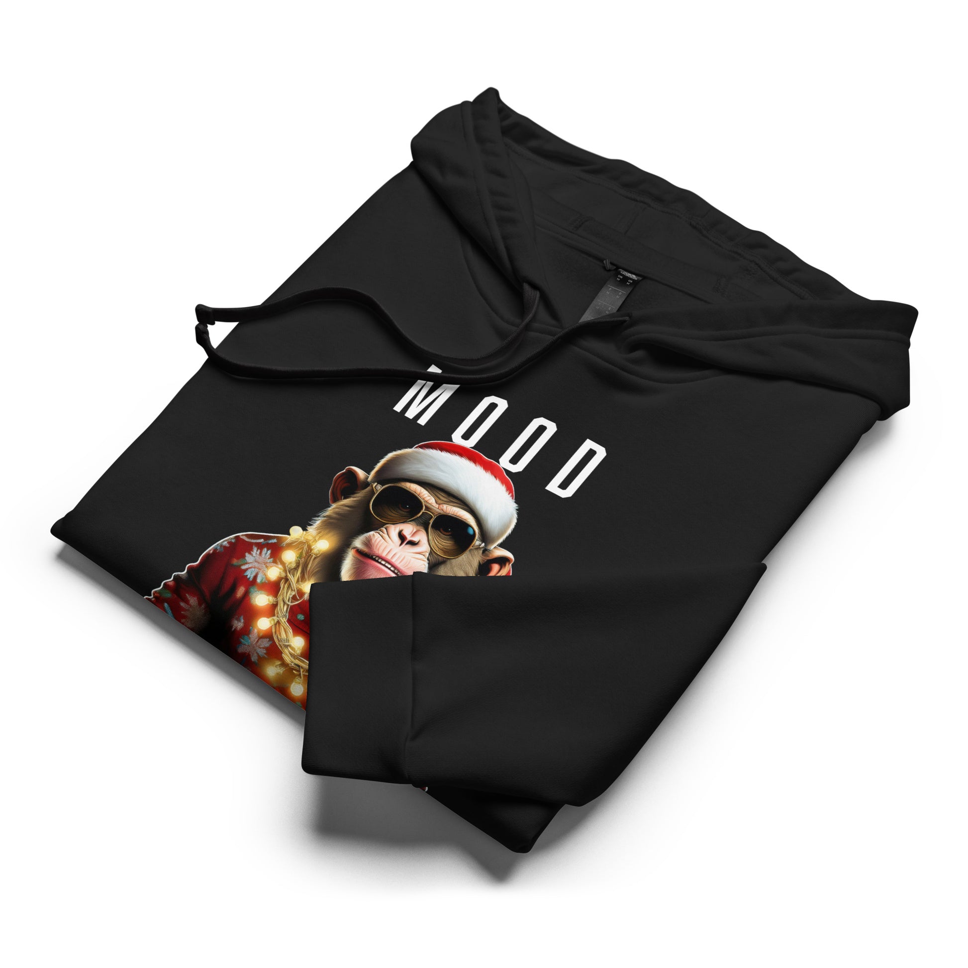 black adidas fleece hoodie with gangster Santa monkey wearing a red holiday sweater and Christmas light chain with the word mood written in white.